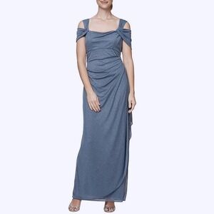 Alex Evenings Dusty Blue Glitter Grayiah Mesh Cowl Neck Cold Shoulder Gown Sz 16